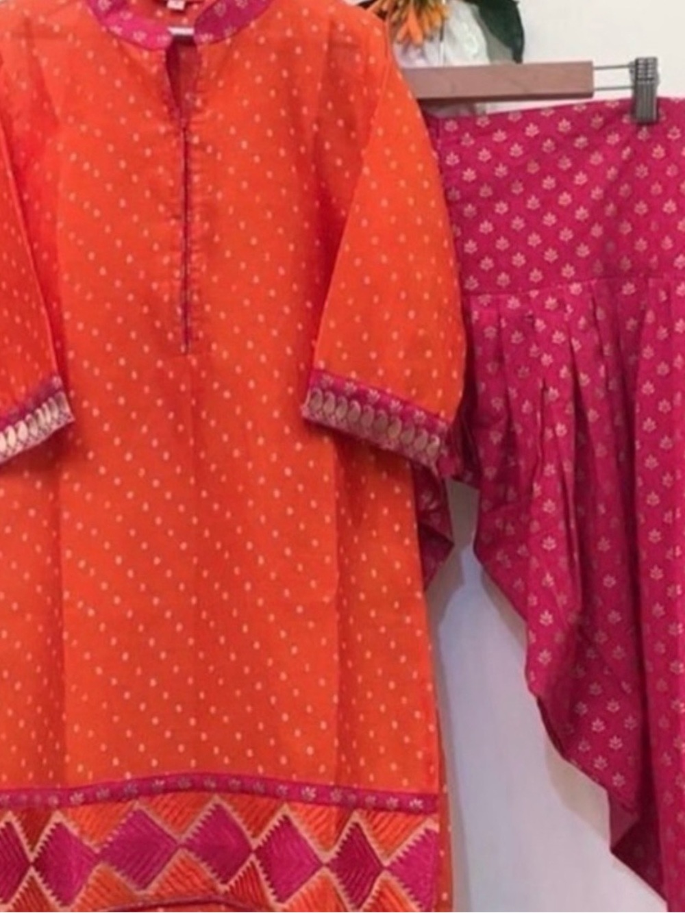 Girls Orange & Pink Embroidered Tunic Top and Skirt Set